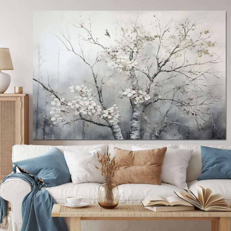 Arbre gris gris, rêverie monochrome - art mural floral, salon