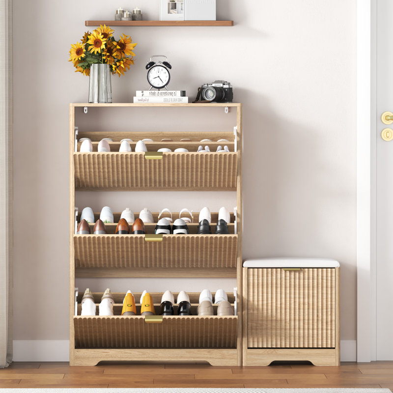 47-inch Three-Door Shoe Cabinet with Built-in Bench and Three Flip-Top Drawers Anti-tip and waterproof design Ideal for compact living spaces