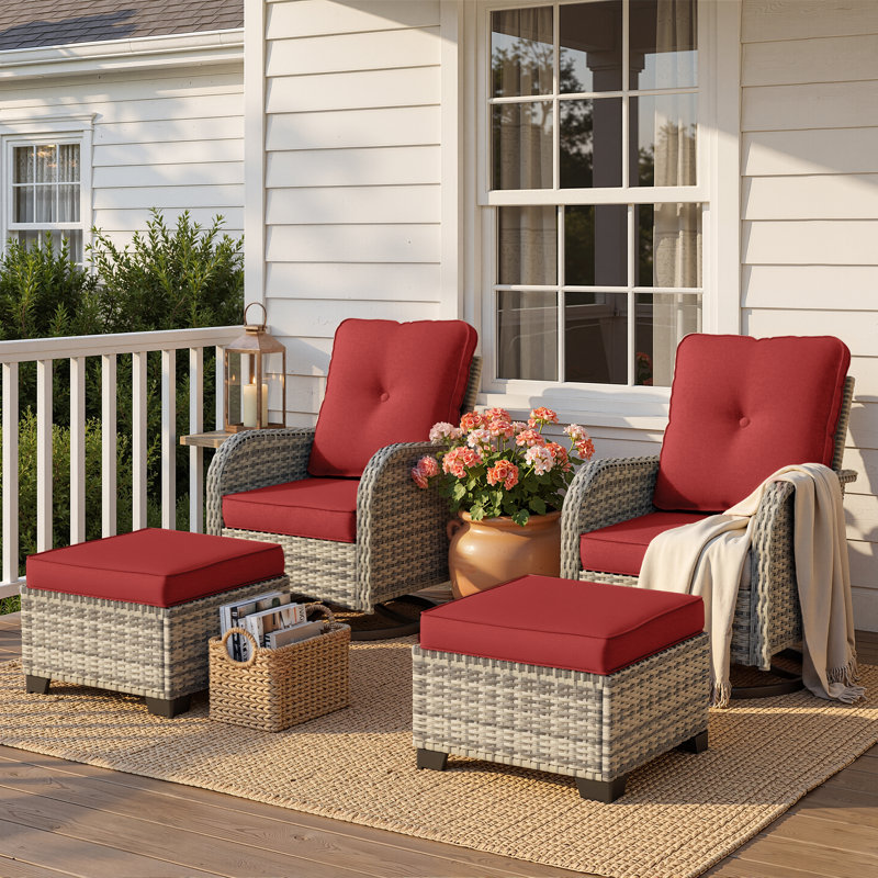 4-Piece Outdoor Swivel Rocker Chair Set With Cushions And Ottomans, Red