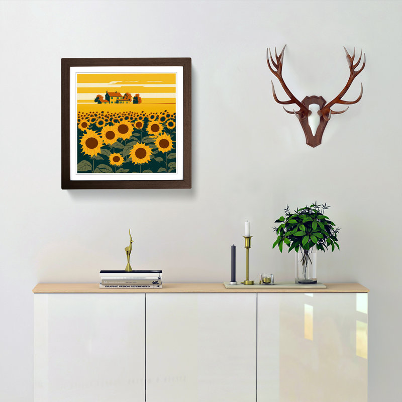 Sunflower Field Mid-Century - Framed Print, Walnut