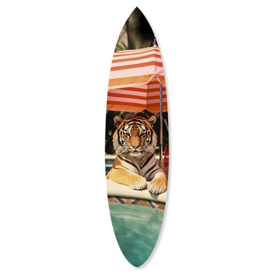 Oliver Gal Tiger by The Pool Surfboard Animals - Die-Cut Acrylic Glass Wall Art Sculpture