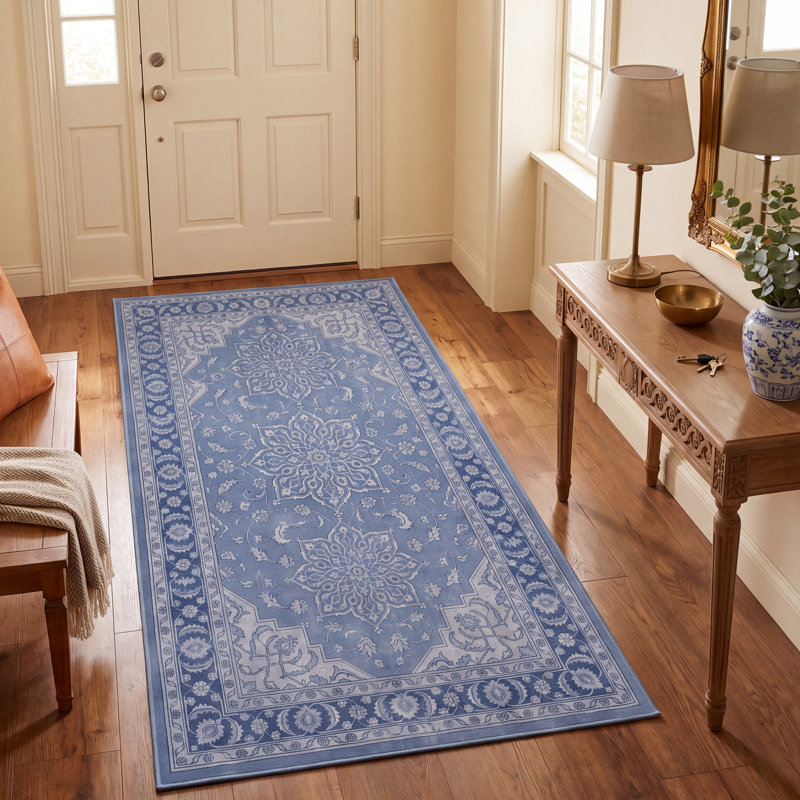 Tapis traditionnel en bouleau, style persan, bleu, gris et crème, lavable à la machine, antidérapant, à poils courts, pour l'intérieur et l'extérieur, adapté aux animaux domestiques, idéal pour le salon, la chambre, la salle à manger, l'entrée, le couloir ou le bureau.