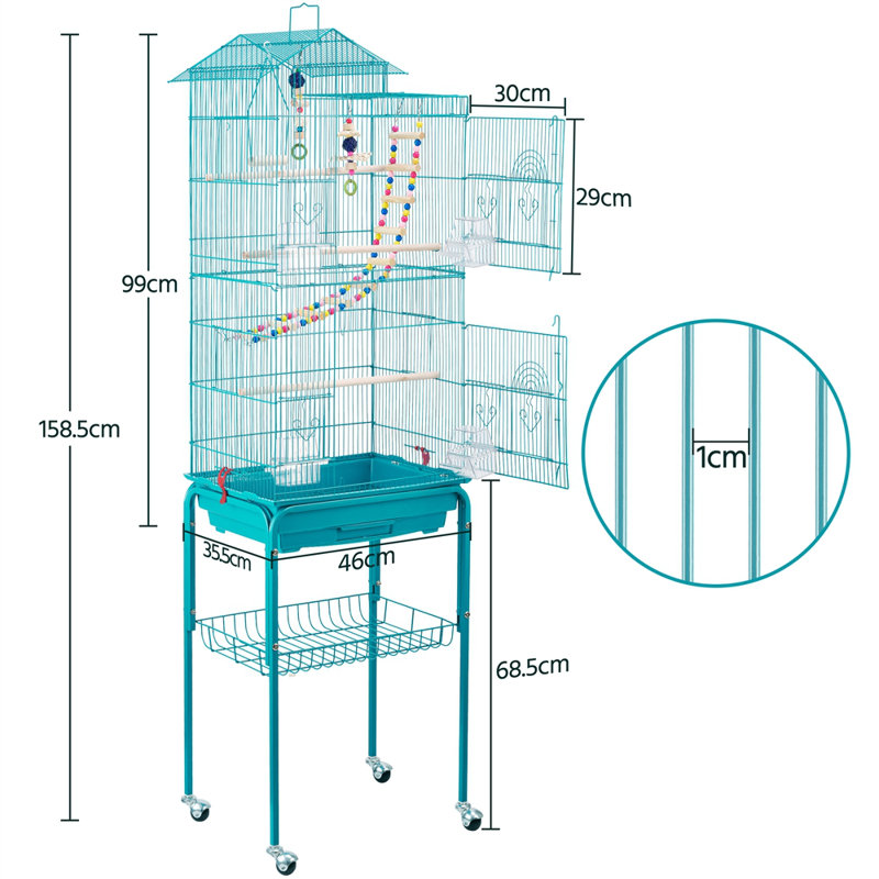 159cm Iron Pointed Top Floor Bird Cage with Wheels, Blue