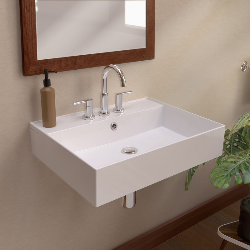 Whitehaus Collection 24" Rectangular Wall Mount Basin With Faucet Drilling Options And Overflow, 8" Centers