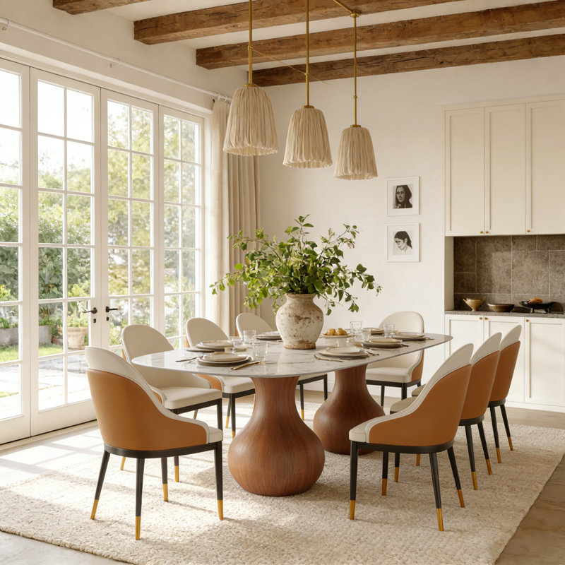 Grande table de salle à manger, H 29,53 po x l 93,7 po x P 43,31 po, Dessus ambré / base brune / chaises orange