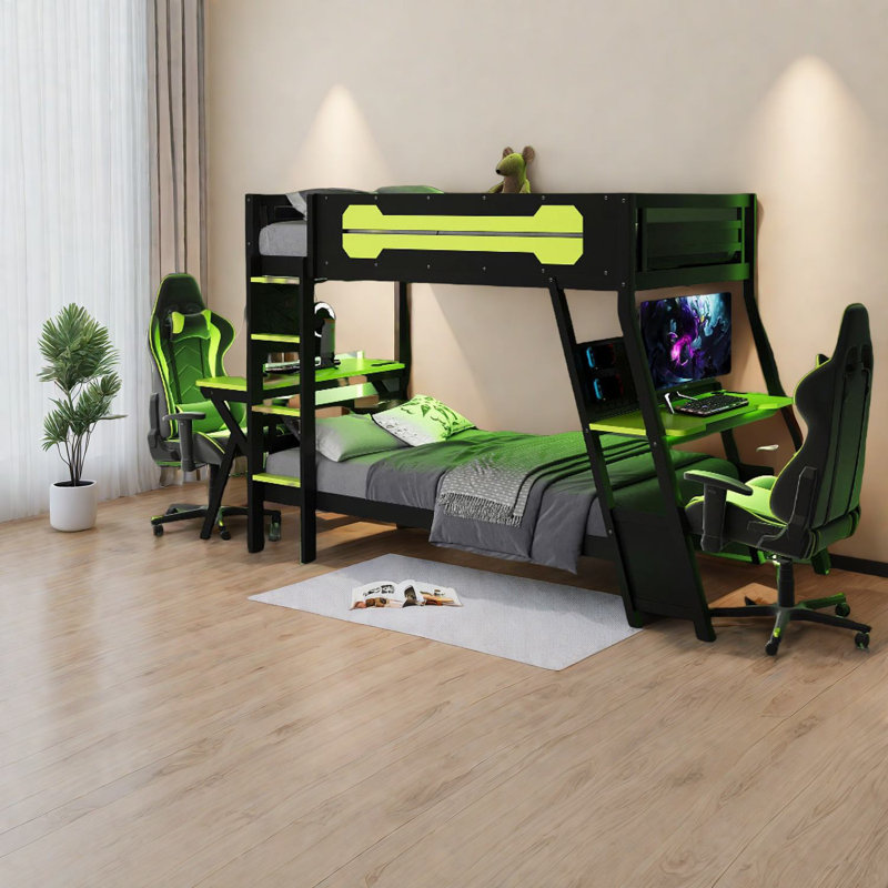 Lits simples superposés multifonctionnels, structure en bois, configuration de jeu, espace pour la maison