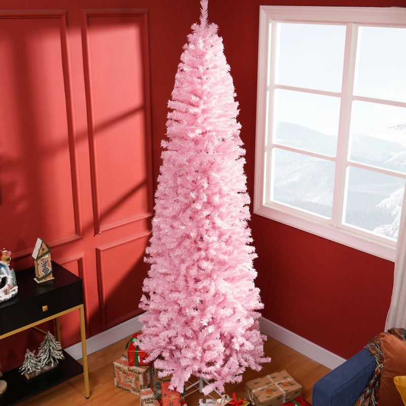 Arbre de Noël rose à pointe de branche 1168, 8 pi de hauteur, structure mince, base stable, figure d'assemblage sans effort, rapide