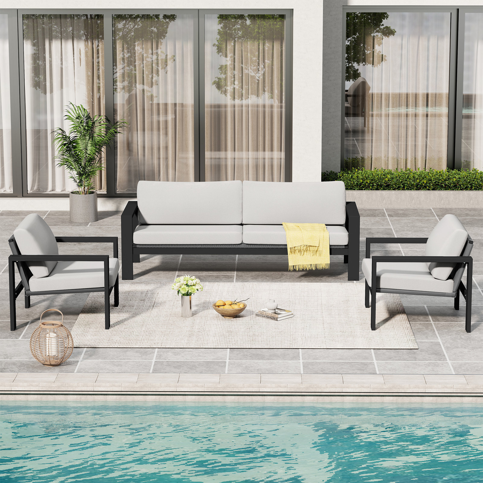 Caputo 3 Piece Aluminum & Rattan Patio Lounge Set With Light Gray Cushions