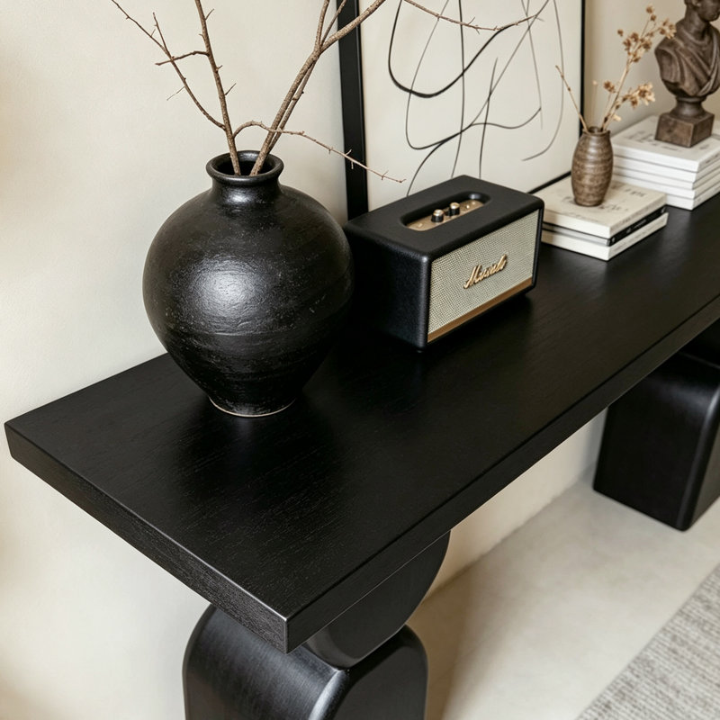 Console noire de 120 cm (47,24 po), table d'entrée de forme irrégulière avec finition en placage de bois, table basse moderne et minimaliste pour salon, couloir et entrée.