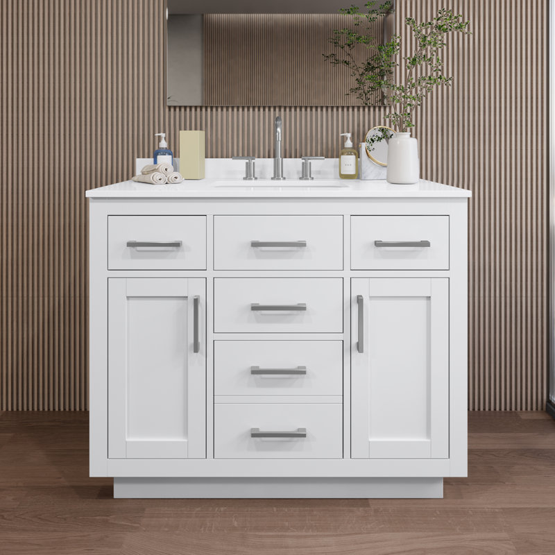 Beckett TK 42'' Free Standing Single Bathroom Vanity with Top, White Quartz, Dark Gray, Matte Black