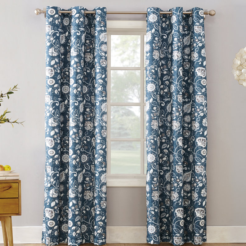Curson Botanical Print Thermal Insulated Room Darkening Grommet Curtain Panel, 40"W x 95"L, Blue