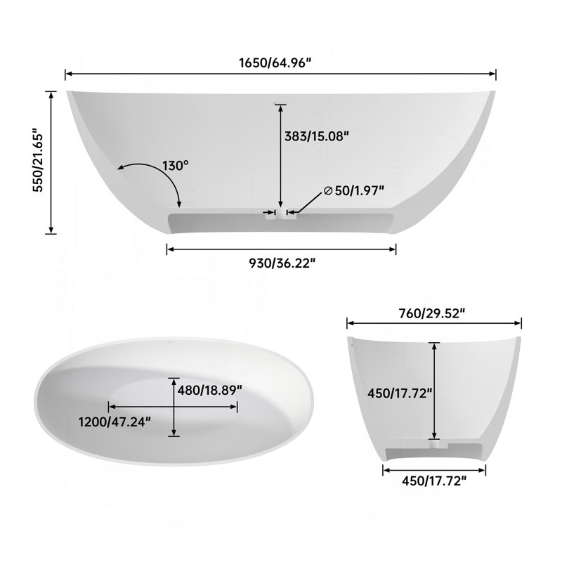 65" Premium Solid Surface Deep Soaking Bathtub, Matte White