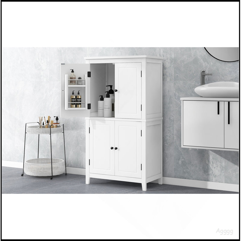 Armoire de rangement élégante pour salle de bain, unité de rangement pour salle de bain, armoire autoportante avec 4 portes, tablettes réglables, tablettes adaptables, blanc