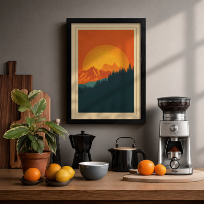 Golden Sun Over Mountain Retro - Framed Print