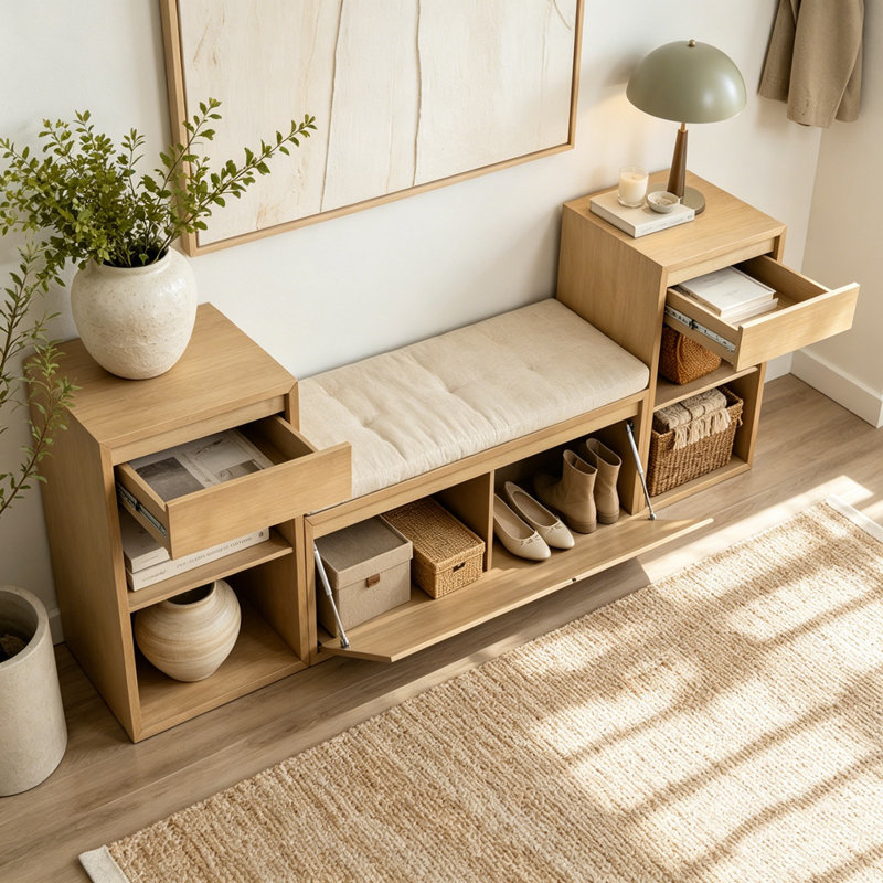 Banc de rangement tout-en-un avec coussin, compartiments, tiroirs et tablettes ouvertes, banc de rangement, Brun