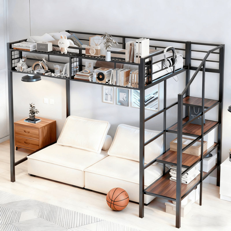 Lit mezzanine en métal avec tablette supérieure et échelle de rangement latérale Orenda, Lit simple, Noir
