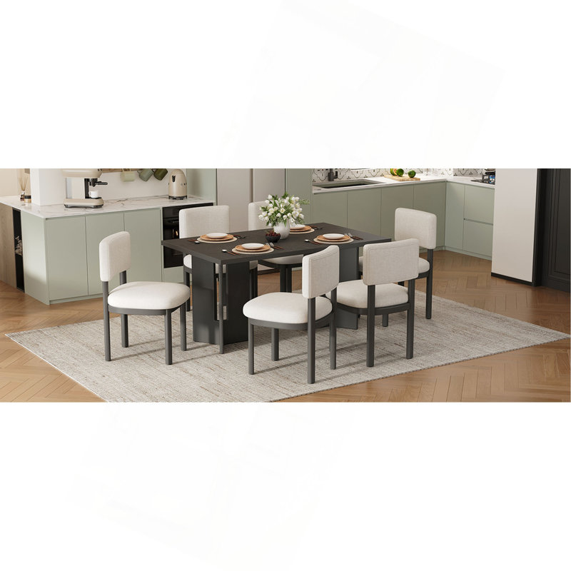TREXM Farmhouse Wood Dining Table Set for 6 with 6 Upholstered Chairs, 60" Rectangular Dining Table with Cutout Table Legs for Dining Room, Kitchen and Living Room