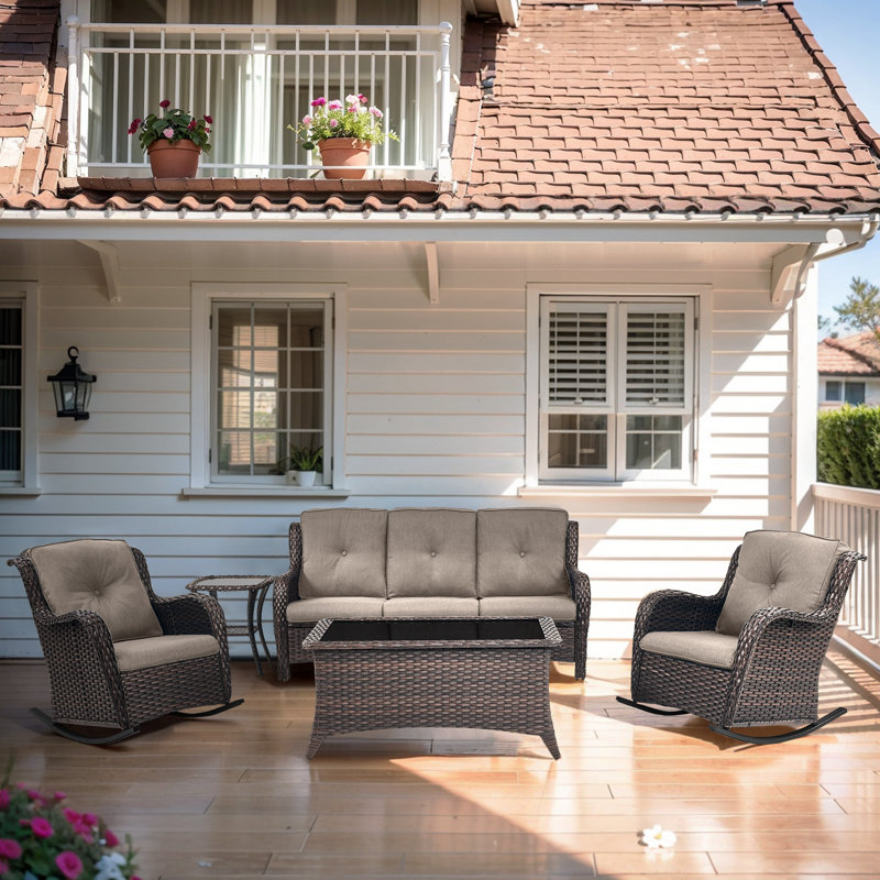 Ensemble de conversation à 5 places avec table basse et coussins Bonia, Brun, Gris