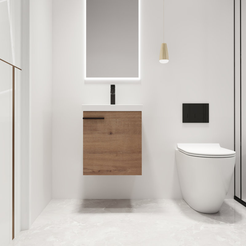  Deyvi 18" Single Sink Wall Mounted Bathroom Vanity,Floating Vanity With 1 Door,White Ceramic Top, Light Brown