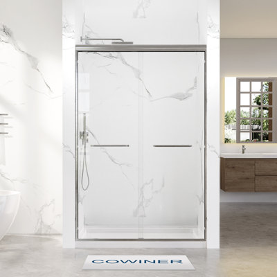 Porte de douche double coulissante encadrée en nickel brossé l 44 à 48 po x H 72 po avec verre trempé transparent de 5/16 po (8 mm)