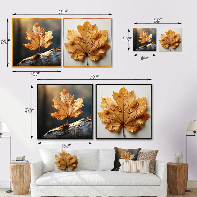 Ensemble de 2 feuilles de brun à motif de feuilles de roux - Collage carré à feuilles, Cadre flottant brun, H 30 po x l 61 po
