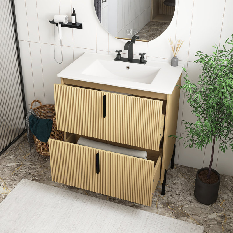 Meuble-lavabo de salle de bain avec lavabo en céramique et tiroirs pleine extension, glissières de tiroir encastrées à fermeture en douceur, conception cannelée