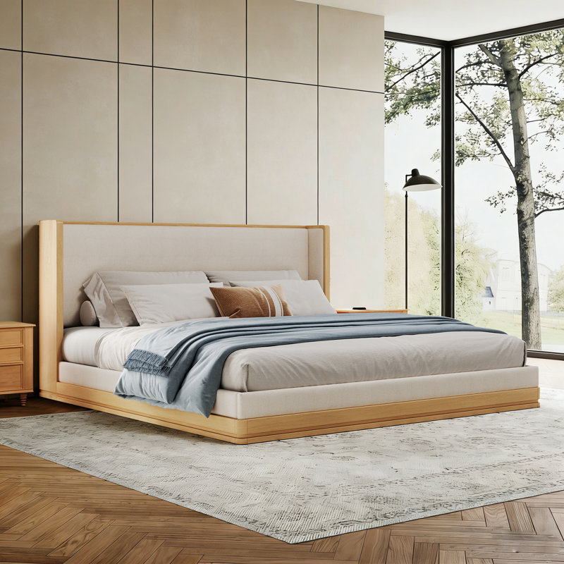 Upholstered Platform Bed with Wingback Headboard, Low Profile Bed Frame with Sturdy Wood Slat Support, Weight Capacity 800 lbs, No Box Spring Needed, Beige+Natural, Queen