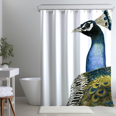 Watercolor Peacock – Yellow Bedroom – Polyester Shower Curtain, Dye Sublimation Print, 71" W × 74" L