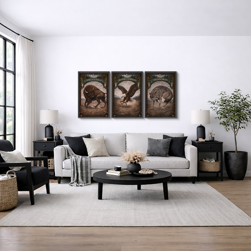 «Rustic Wildlife Animal Kingdom», art de Buffalo, H 36 po x l 72 po, Structure noire, 3 pièces Bull, Eagle, Wolf