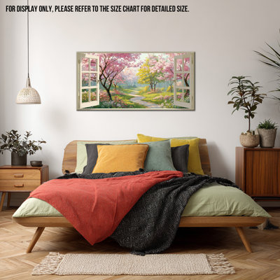  Printemps, art mural sur toile, images de fenêtre ouverte avec peinture de fleur de cerisier, œuvre d'art de paysage serein, impressions de forêt naturelle, paysage mural, décoration murale pour le salon, 24 x 48 pouces