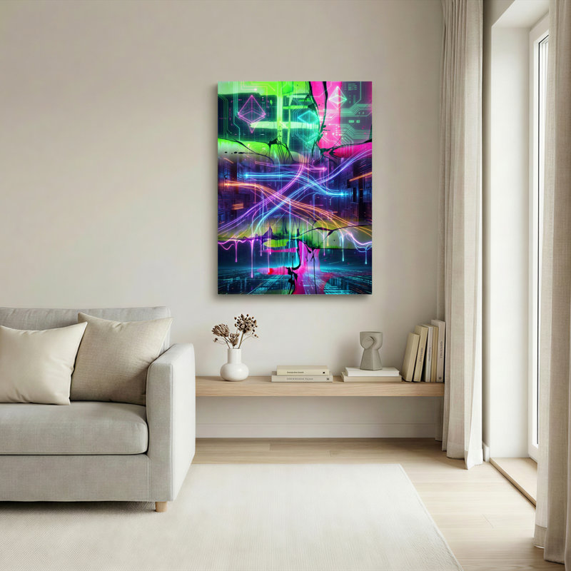 Neon Cyberpunk Cityscape, art abstrait sur toile tendue, reproduction d'art sur toile, ensemble de 1, H 18 po x l 12 po