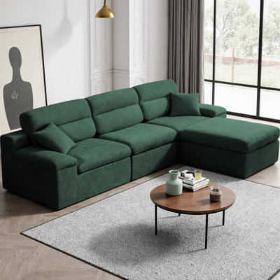 Canapé modulaire en L avec dossier haut, canapé de coin avec tissu chenille flammé, coussin éponge haute densité compressé, lit convertible, canapé sans assemblage peu encombrant