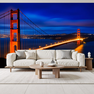Peel and Stick Wallpaper Golden Gate Bridge Night City Lights Bay View Summer Decor Wall Murals 69"H x 96"W Removable PVC Wall Paper Self-Adhesive Wall Decor for Bedroom Living Room Home Office