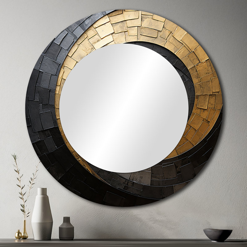 Gold Black Minimalism Spiral Poteries - Abstract Spirals Wall Mirror, Gold Round Decorative Mirror, Printed Metal Art