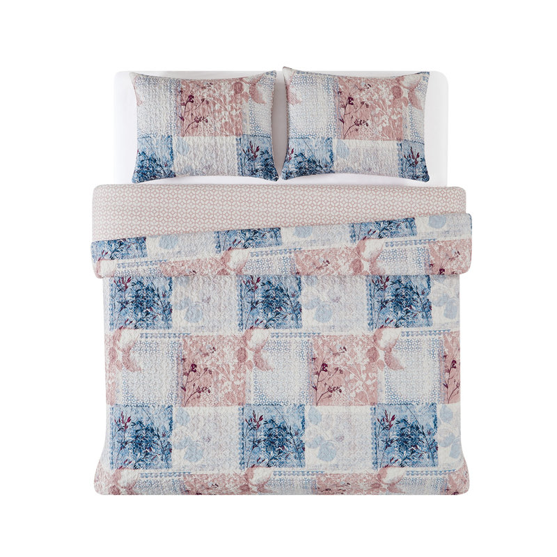 King Size Blue and Pink Microfiber Patchwork Duvet Cover Set