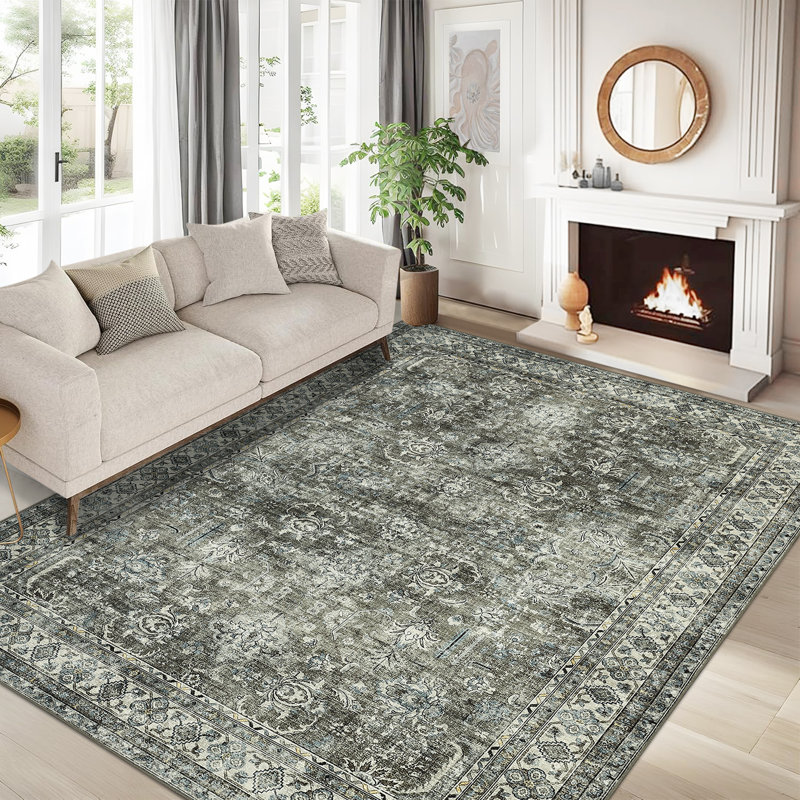 Vintage Area Rug 6x9 Non Slip Washable Rugs Traditional Distressed Retro Carpet Retro Floral Mat for Dining Room Bathroom Kitchen