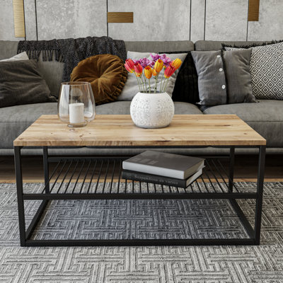 Modern Coffee Table with Electrostatic Powder Coated Metal Legs, PineBlack, 37.4 x 16.5 x 21.7 inches | 100% Melamine Coated Particle Board, Thickness: 0.7 inches | Stylish Industrial Design, Perfect for Living Room & Lounge Areas