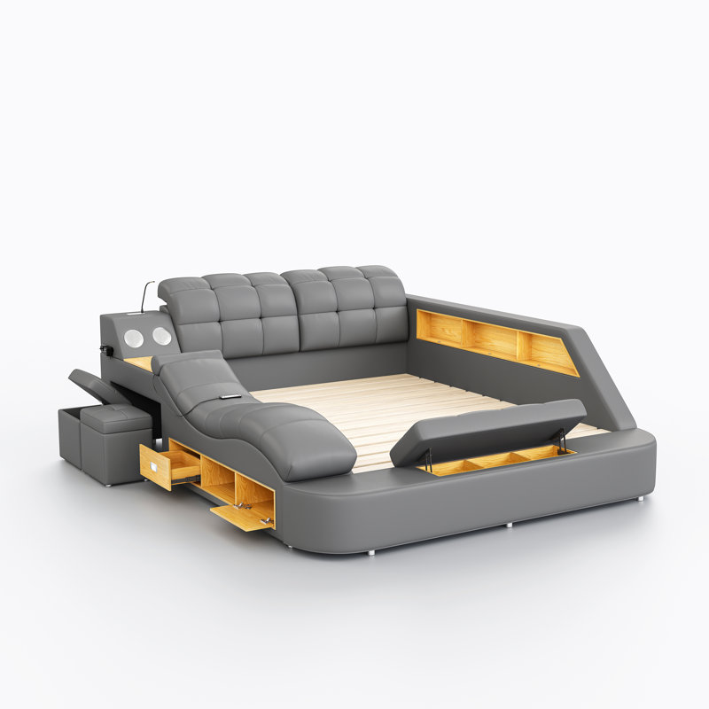 Multi-Functional Bed, Solid Wood Frame and Faux Leather Upholstery, Remote-Controlled Massage Recliner on the Left, Modern LED Lights, Bluetooth Speakers, USB Charging Ports, Adjustable Backrest