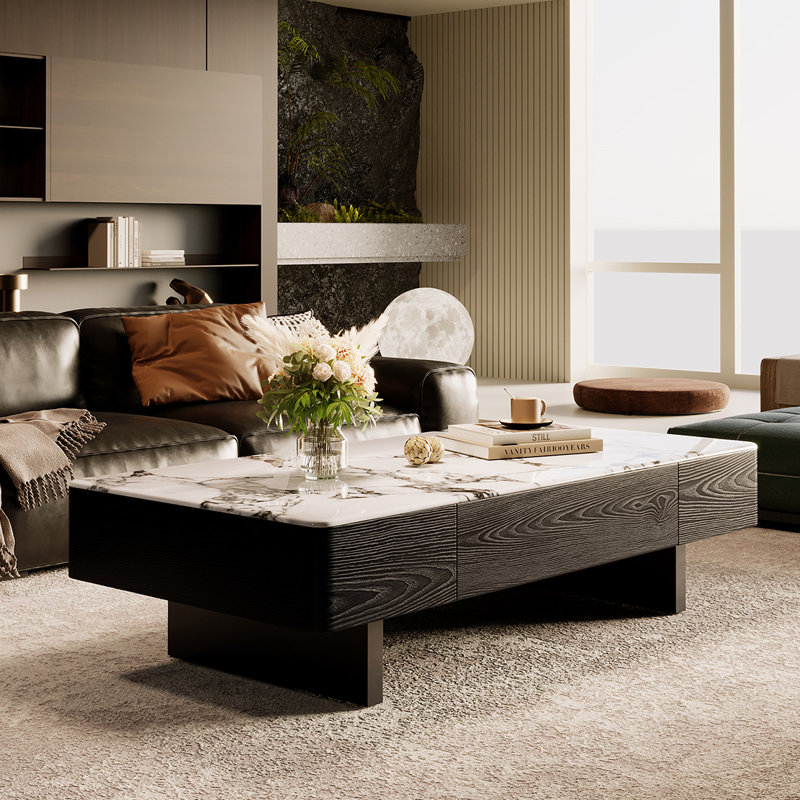 Table basse luxueuse en pierre micro-cristalline, H 13,8 po x L 51,2 po x l 27,6 po, Blanc