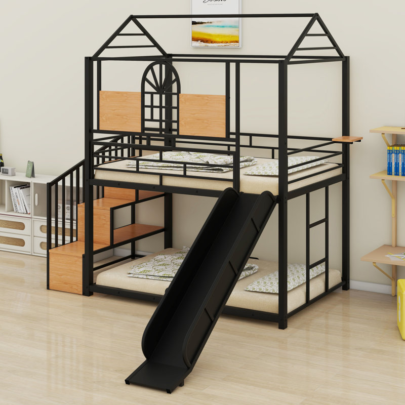 Metal House Bunk Bed With Slide And Storage Stair, Black