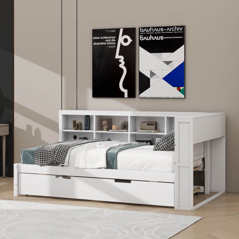 Wooden Twin Size Daybed With Integrated Twin Trundle Bed, Daybed With Storage Shelf And USB Charging Ports, Twin, White
