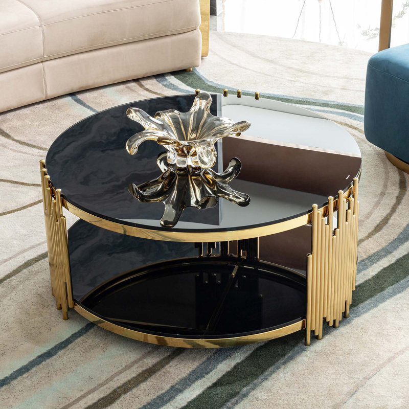 Table basse ronde à double couche en acier inoxydable avec plateau en verre trempé noir