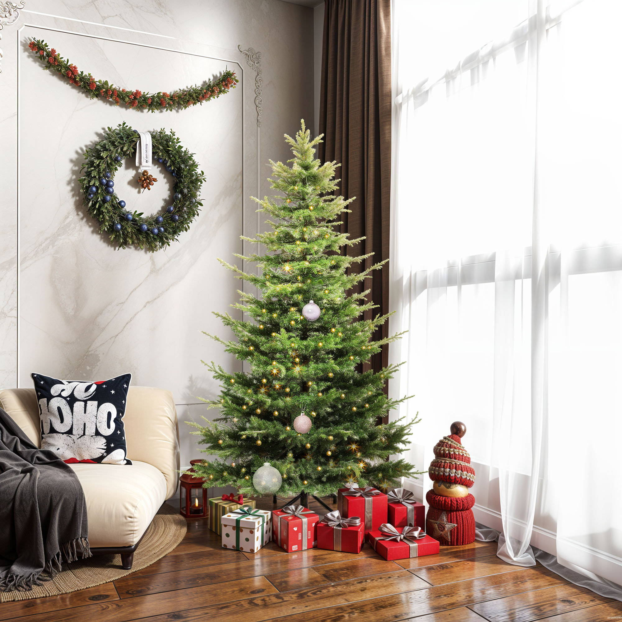 6.5ft / 7.5ft Artificial Fir Christmas Tree with Pre-Installed Lights and Crystal Snow Decoration, 7.5'
