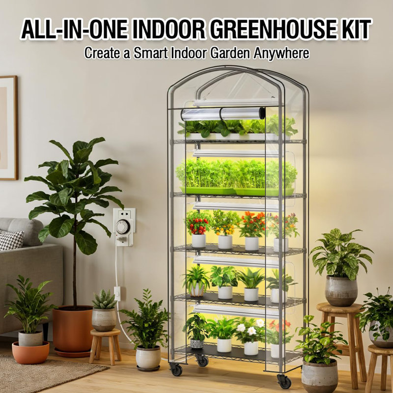 5-tier Mini Greenhouse With Full-spectrum Led Grow Light, Portable Indoor Outdoor Greenhouse With Wheels & Timer, Waterproof Cover For Seed Starting, Herb & Vegetable Growing