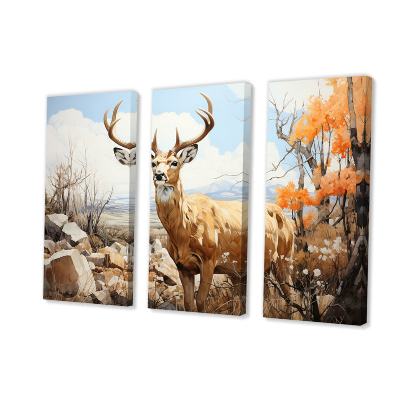 «Graceful Antelope Pastoral» sur toile, reproduction de 3 pièces, H 40 po x l 60 po x P 1 po