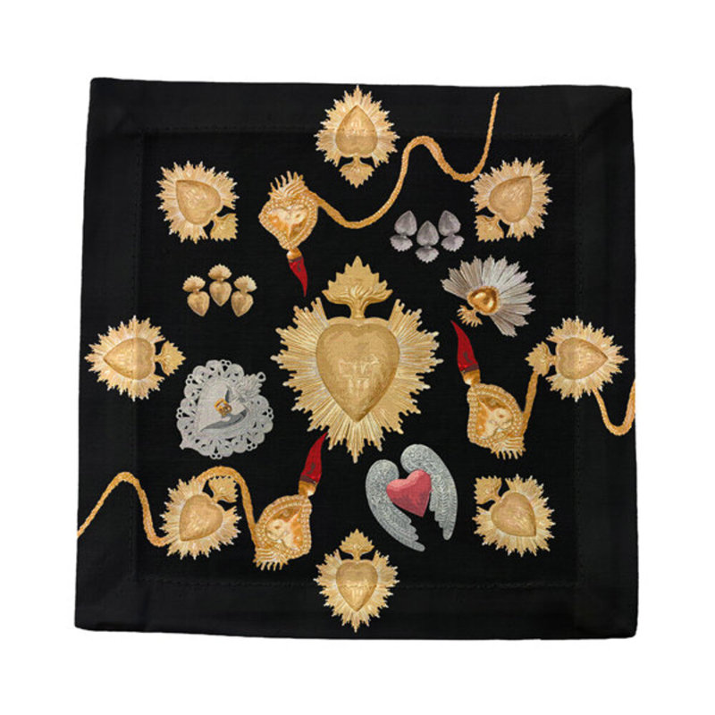 Ex Vote Sacred Hearts Cotton Sateen Cocktail Napkins, Black