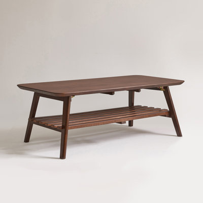 Wooden Coffee Table with Storage Shelf, Mid-Century Rectangular Center Table, Walnut Brown