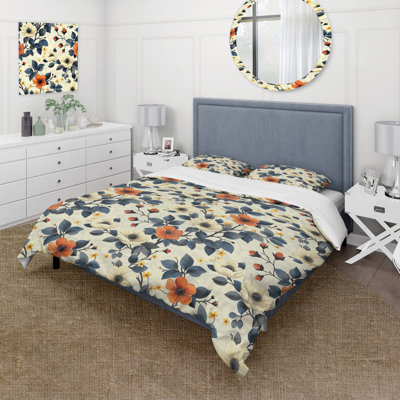 Orange bleu rétro floral - Ensemble de housse de couette rétro floral