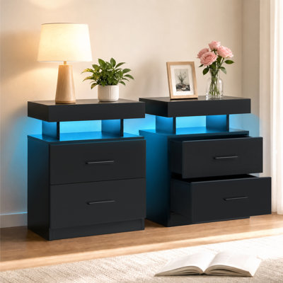 Black LED Modern Nightstand with 2 Fabric Drawers for Bedroom ( set of 2 )