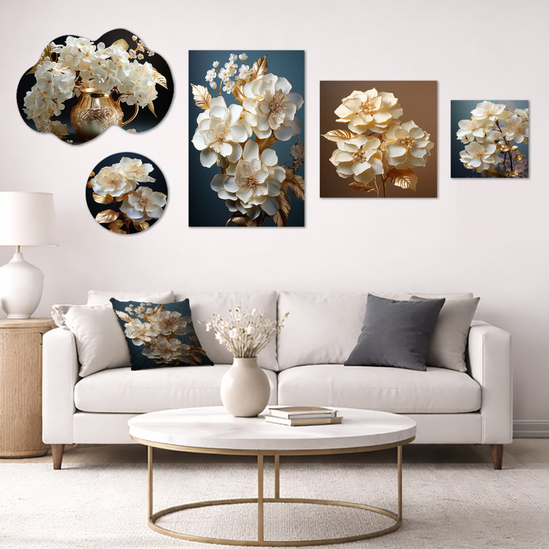 Ensemble d'hortensias baroque blanc et doré I - Floral, art mural, toile et métal 5 pièces (100 po x 40 po), Métal + toile